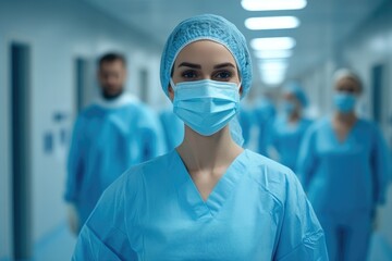 Female surgeon wearing surgical mask leading medical team in hospital corridor