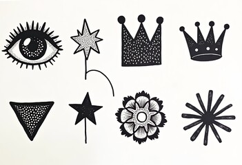 Fototapeta premium Unique Hand-Drawn Elements: Groovy Icons Featuring Flowers, Stars, and Crown Shapes in Linocut Style