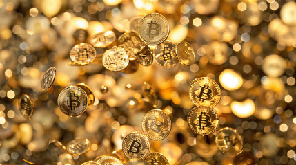 Golden Bitcoins Falling Down on Sparkling Background

