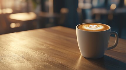 A cozy coffee cup sits on a wooden table, showcasing latte art, with warm lighting creating a relaxed atmosphere.