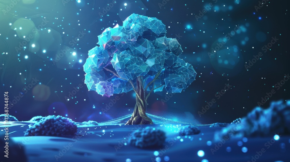 Poster blue cyber polygon tree network connection technology concept with futuristic elements abstract conc
