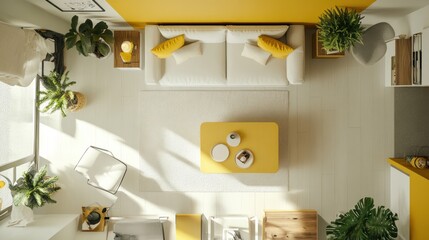 A cozy, modern living room with yellow accents and plants, designed for relaxation.