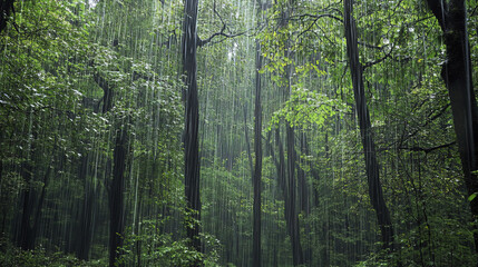 Obraz premium dense forest alive with sound of rain, vibrant green foliage