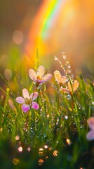 Dew-kissed flowers basking in sunlight under a rainbow in a lush green field
