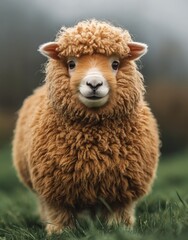 Sheep with fluffy wool standing in a green pasture during a cloudy day