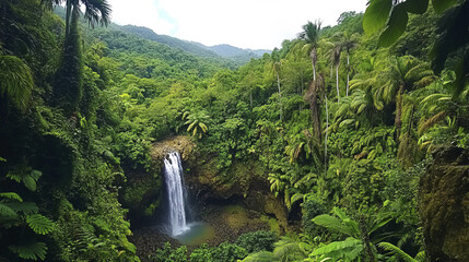 lush tropical rainforest with stunning waterfall surrounded by greenery