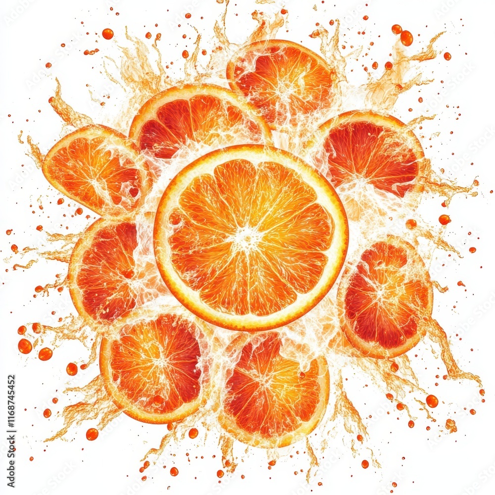 Aufkleber vibrant splash of orange slices with juice and water droplets creating a dynamic and refreshing visu