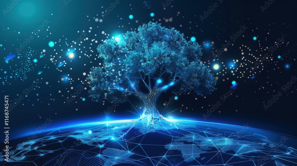 Poster blue cyber polygon tree network connection technology concept with futuristic elements abstract conc