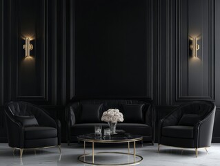 Elegant Black Living Room with Gold Accents and Marble Floor