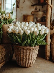 White tulips in a wicker basket placed on a rustic wooden table in a cozy interior setting