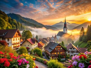Fototapeta premium Enchanting Bavarian Village: Picturesque Alpine Scenery at Dawn