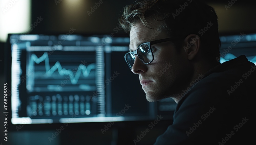 Poster focused analyst studying market data on computer screen