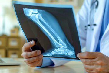 Doctor examining an X-ray of a patient's foot, analyzing the bone structure for a medical diagnosis.