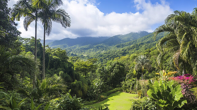 Lush tropical rainforest in El Yunque National Forest, vibrant greenery and mountains