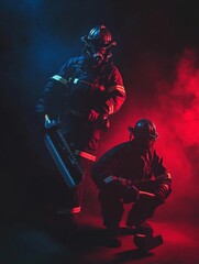 Fototapeta premium Two firefighters in full protective gear posing confidently, one holding a chainsaw and the other a large hammer, illuminated by dramatic red and blue studio lighting.