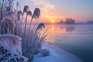 Frozen reeds reflecting stunning winter sunrise over misty river