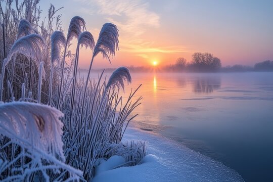 Frozen reeds reflecting stunning winter sunrise over misty river - Powered by Adobe