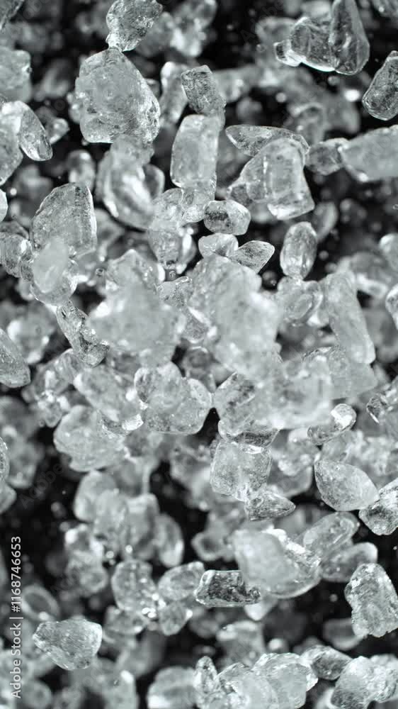 Poster super slow motion of falling ice cubes separated on black background. filmed on high speed cinema ca