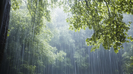 Obraz premium misty forest scene with heavy rain creating serene atmosphere