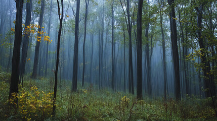 Fototapeta premium misty forest with tall trees and vibrant foliage creates serene atmosphere