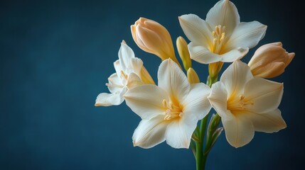 Fototapeta premium Beautiful white flowers in full bloom against a dark blue background showcasing their delicate petals and soft hues. Generative AI
