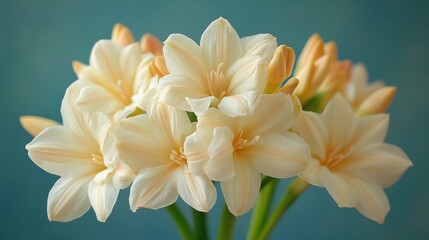 Fototapeta premium Beautiful white flowers display in a simple vase against a soft blue background during daylight hours. Generative AI