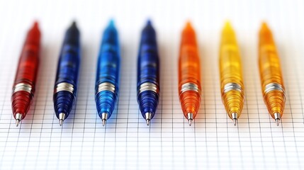 Obraz premium Colorful pens in a row on grid paper.