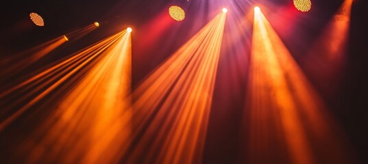 Empty Stage with Warm Spotlights and Smoky Atmosphere. Theatrical Lighting, Concert stock