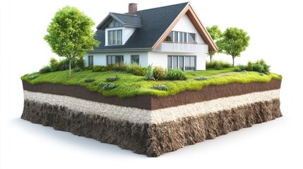 A cross-section of a house with surrounding landscape and soil layers.