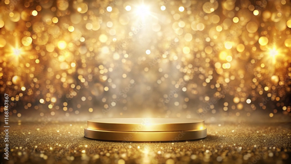 Aufkleber a podium stands on a shimmering golden background, surrounded by soft, blurred bokeh, creating an el