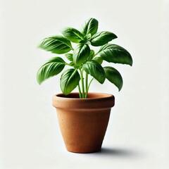 Basil plant with fresh green leaves placed in a traditional terracotta pot
