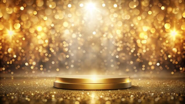 A podium stands on a shimmering golden background, surrounded by soft, blurred bokeh, creating an elegant and captivating setting for presentations or speeches 