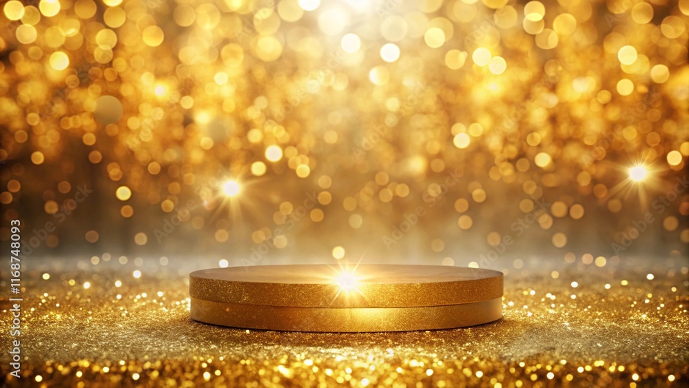 Aufkleber a podium stands on a shimmering golden background, surrounded by soft, blurred bokeh, creating an el