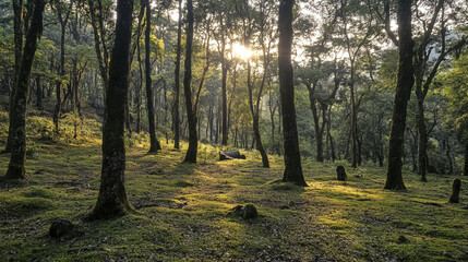 Obraz premium peaceful subtropical forest in Nepal with dense greenery and sunlight