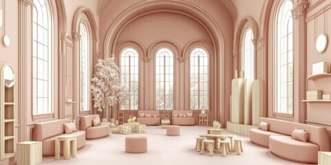 Elegant pastel interior with large windows and soft furnishings.