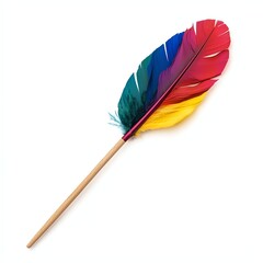 A vibrant, multicolored feather quill pen, showcasing bright reds, blues, greens, and yellows on a wooden shaft, ideal for artistic or decorative purposes.