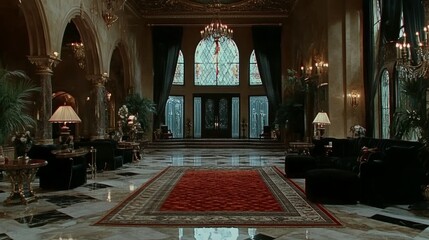 Luxurious gothic interior design showcases soaring ceilings and intricate details illuminated by stained glass and elegant chandeliers