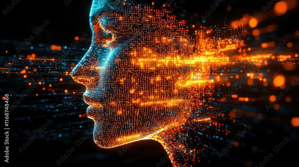 Poster abstract digital face formed by data streams and particles.