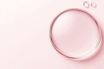 Fototapeta premium Abstract pink background with a large circle of translucent liquid and two smaller droplets. Ideal for beauty, skincare, or cosmetic product promotion.