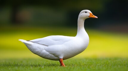 Diverse suburban park setting with a white duck standing gracefully on lush green grass