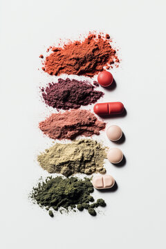 Bunte Pulver von Superfoods auf wei&szlig;em Hintergrund angeordnet

