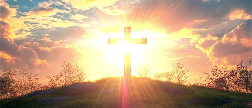 Sunset light and the holy cross of Jesus Christ and church summer retreat background landscape 4k video