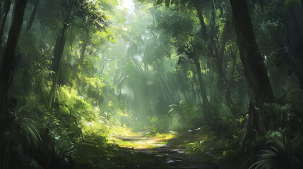 Lush subtropical forest with tall trees and vibrant greenery in Nepal