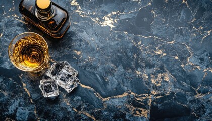Luxurious whiskey on the rocks, served in a sophisticated glass on a dark marble background with gold accents.  Perfect for advertising or luxury lifestyle content.