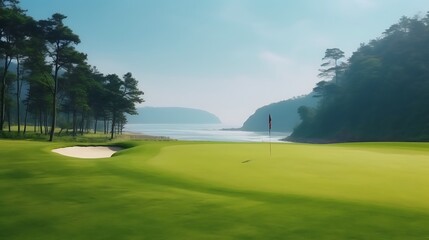 Obraz premium Serene Coastal Golf Course Green Fairway Scene