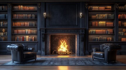 Modern gothic living room design features sleek black leather furniture and dim lighting with vintage candelabras creating an inviting atmosphere