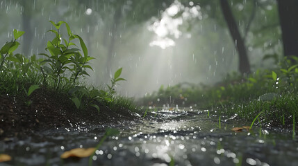 Fototapeta premium serene misty forest scene with rain, sunlight filtering through trees