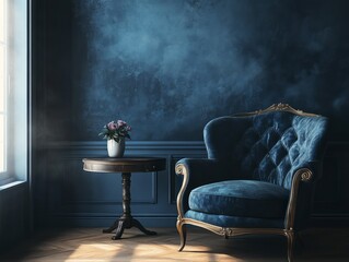 Elegant Blue Velvet Armchair In A Luxurious Room