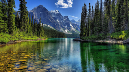 Serene Summer Mountain Lake with Lush Forest and Clear Reflections