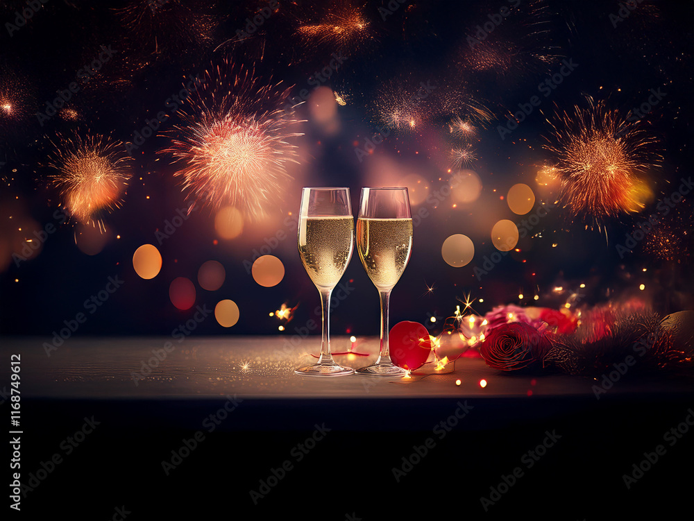 Poster two champagne flutes filled to the brim sit on a table before a vibrant fireworks display. red ornam